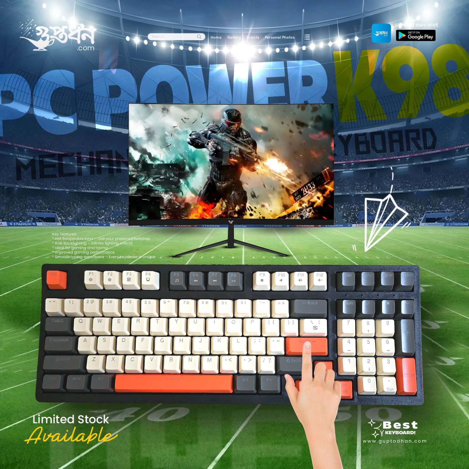 PC POWER K98 Gaming RGB Mechanical Keyboard (Black & White + Orange)